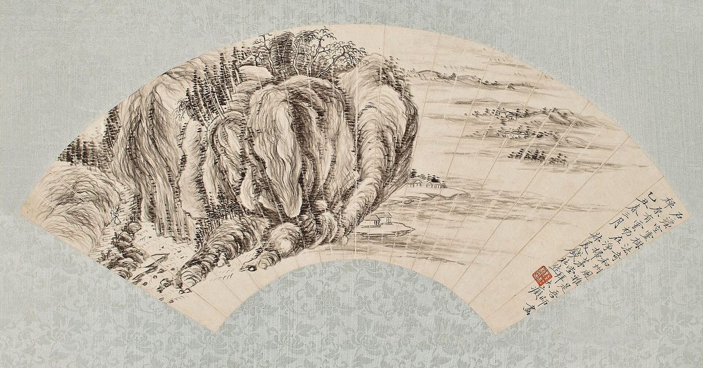 Fan painting of an ink landscape by the Qing artist Qian Du, 1805