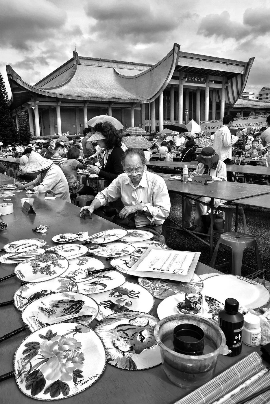 Chinese scholars meeting with painted calligraphy fans