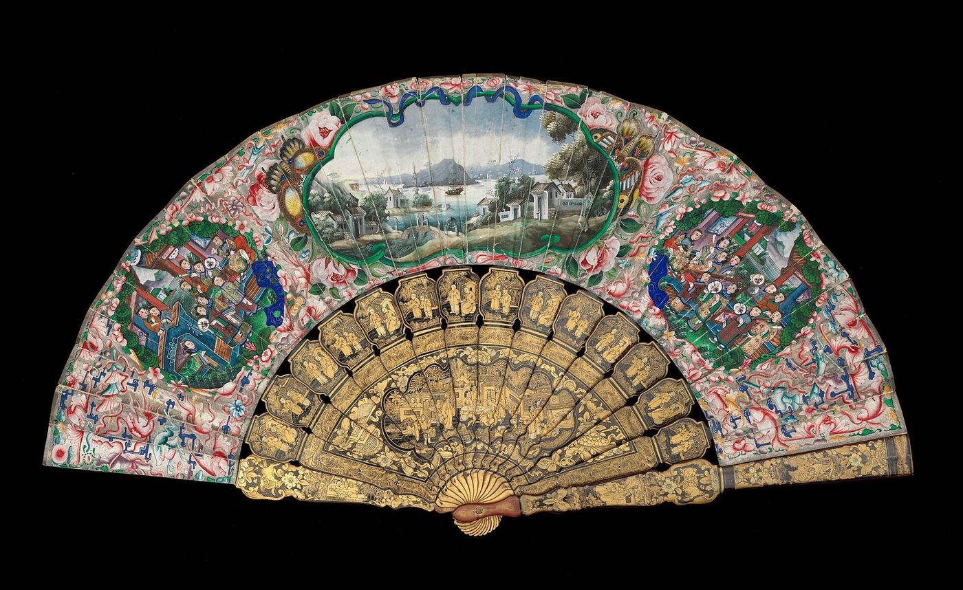 Chinese export fan painted with the Whampoa anchorage at Canton, Chester Beatty Library