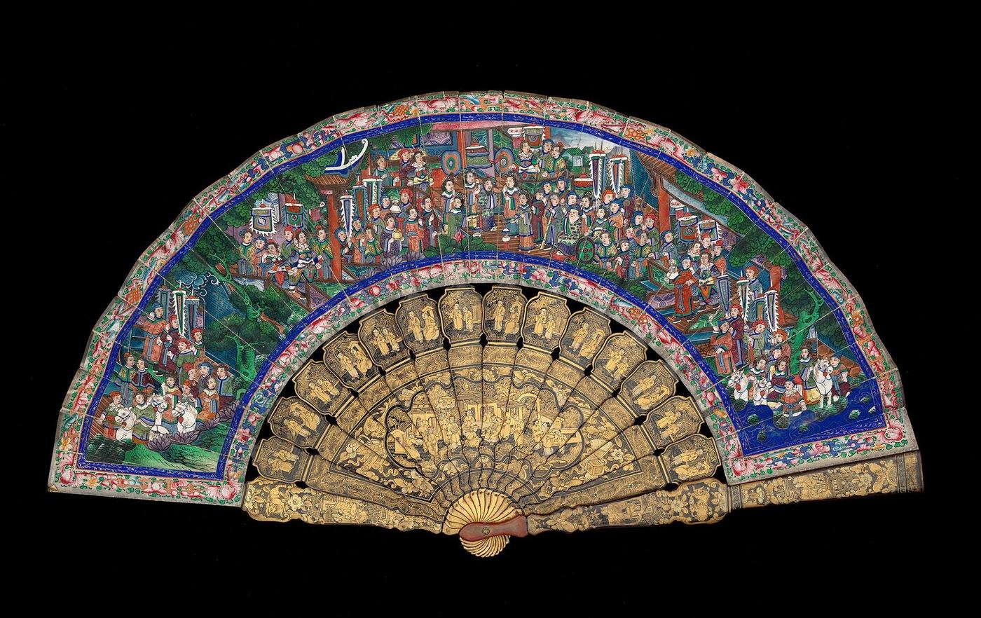 Chinese folding fan painted with figures in a garden setting, Chester Beatty Library